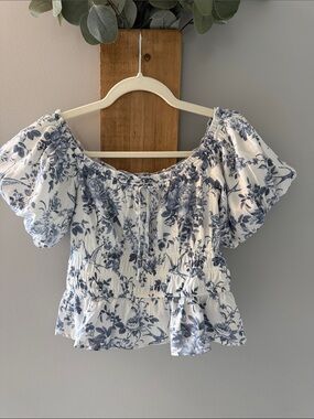 Trixxi Blue & White Floral Off-Shoulder Crop Top